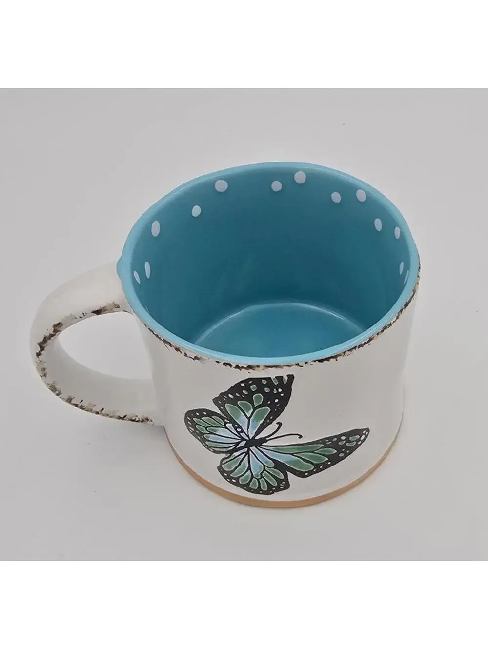 Spectrum Designz Butterfly Mug Blue Polka Dot Ceramic Coffee Tea Cup 17 oz